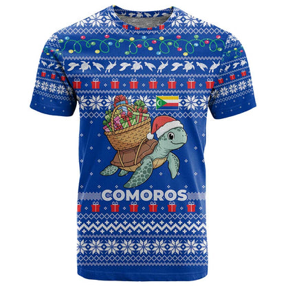 Comoros Christmas T shirt Santa Turtle Gifts Snowflakes and Ocean Blue - African Pride