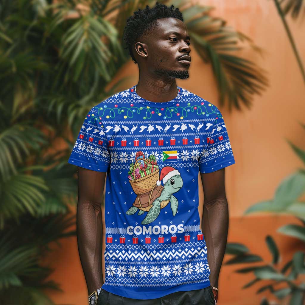 Comoros Christmas T shirt Santa Turtle Gifts Snowflakes and Ocean Blue - African Pride
