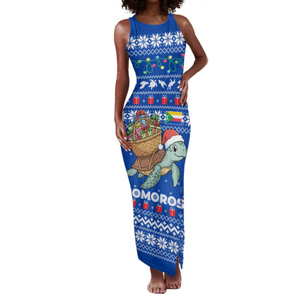 Comoros Christmas Tank Maxi Dress Santa Turtle Gifts Snowflakes and Ocean Blue - African Pride