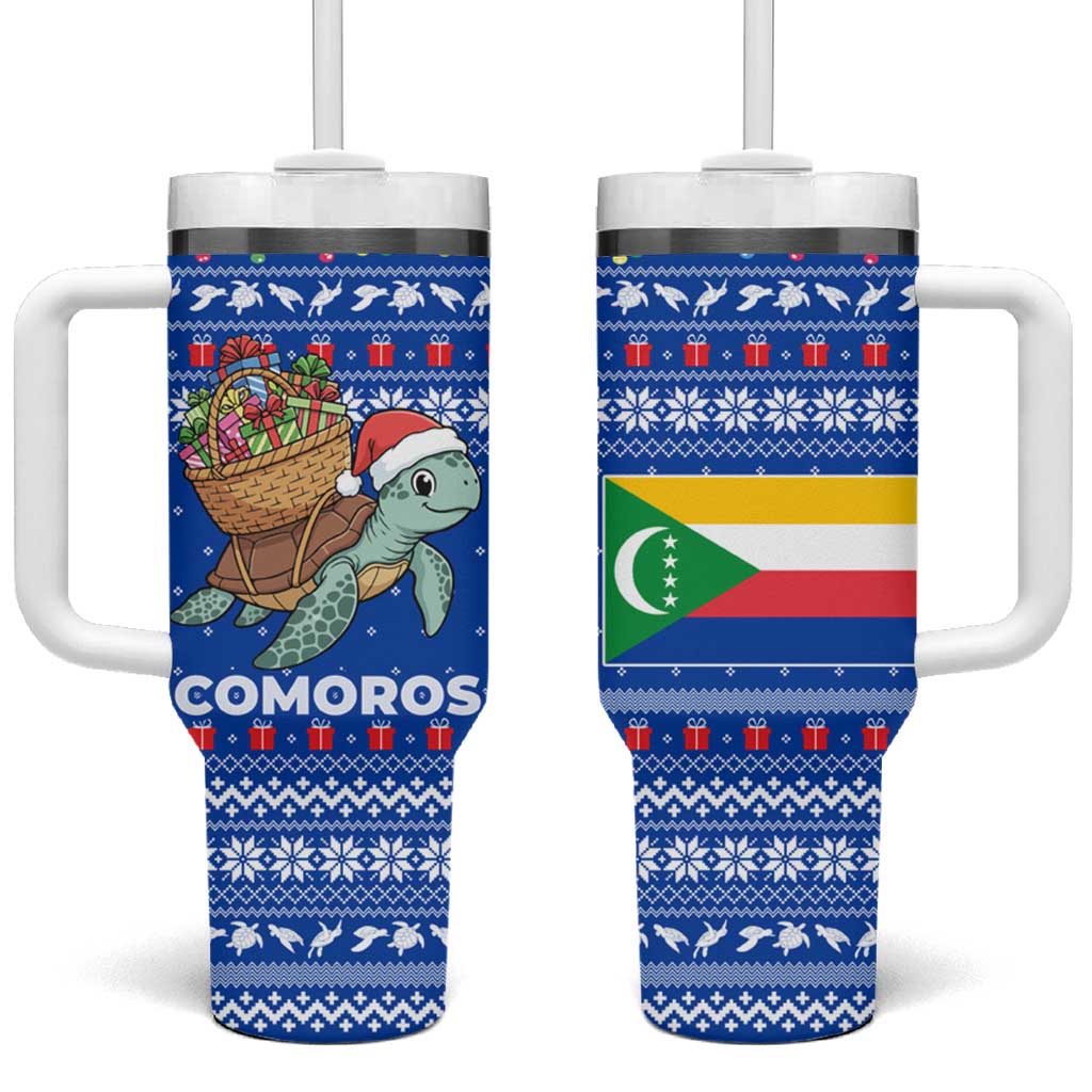 Comoros Christmas Tumbler With Handle Santa Turtle Gifts Snowflakes and Ocean Blue - African Pride