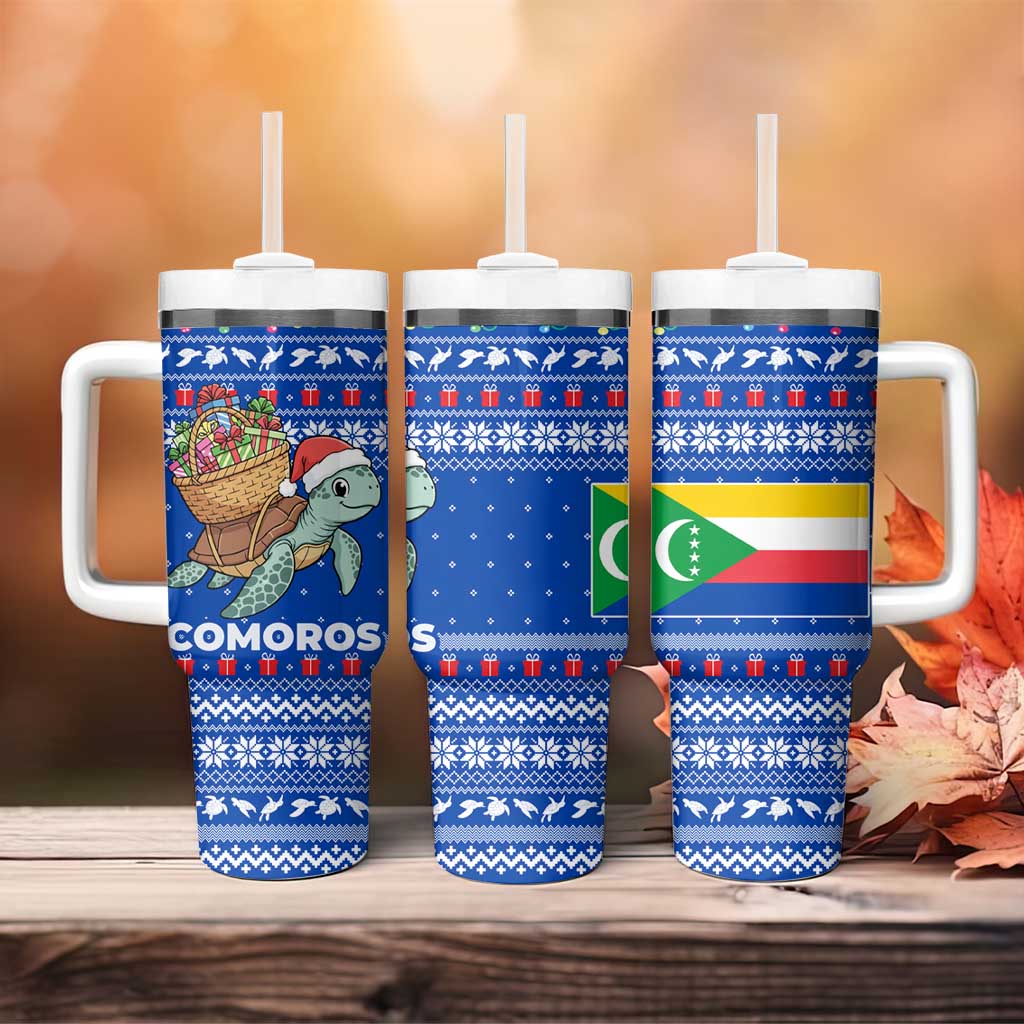Comoros Christmas Tumbler With Handle Santa Turtle Gifts Snowflakes and Ocean Blue - African Pride