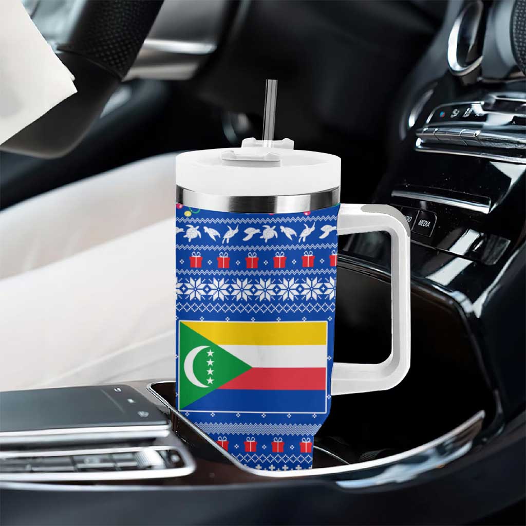 Comoros Christmas Tumbler With Handle Santa Turtle Gifts Snowflakes and Ocean Blue - African Pride