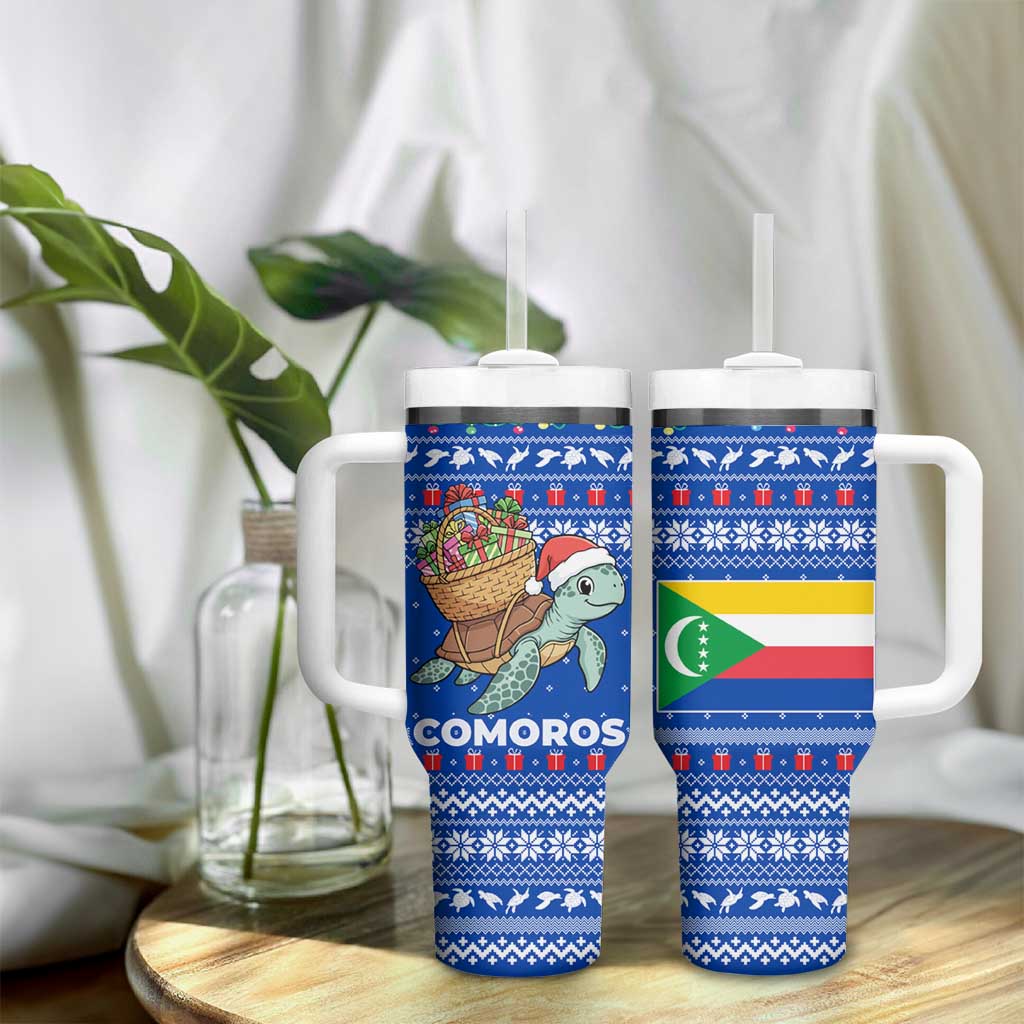 Comoros Christmas Tumbler With Handle Santa Turtle Gifts Snowflakes and Ocean Blue - African Pride