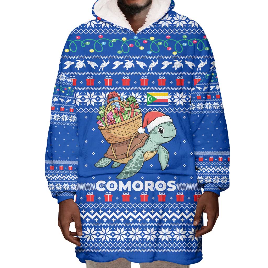 Comoros Christmas Wearable Blanket Hoodie Santa Turtle Gifts Snowflakes and Ocean Blue - African Pride