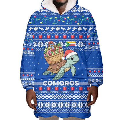 Comoros Christmas Wearable Blanket Hoodie Santa Turtle Gifts Snowflakes and Ocean Blue - African Pride