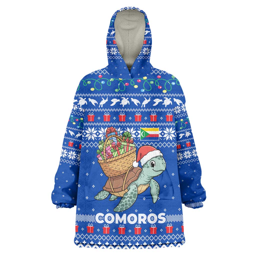 Comoros Christmas Wearable Blanket Hoodie Santa Turtle Gifts Snowflakes and Ocean Blue - African Pride