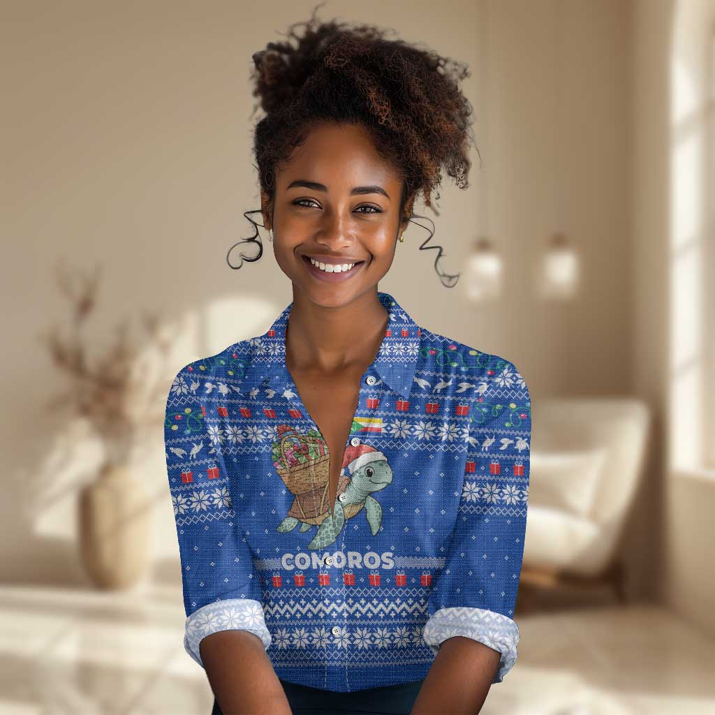 Comoros Christmas Women Casual Shirt Santa Turtle Gifts Snowflakes and Ocean Blue - African Pride