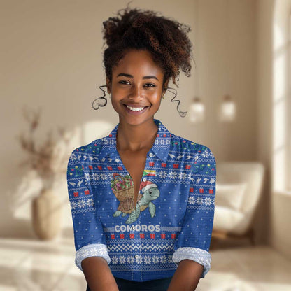 Comoros Christmas Women Casual Shirt Santa Turtle Gifts Snowflakes and Ocean Blue - African Pride