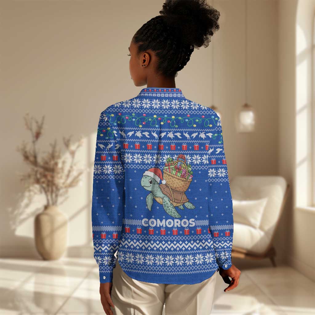 Comoros Christmas Women Casual Shirt Santa Turtle Gifts Snowflakes and Ocean Blue - African Pride
