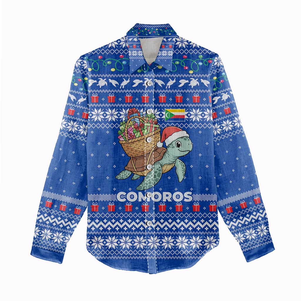 Comoros Christmas Women Casual Shirt Santa Turtle Gifts Snowflakes and Ocean Blue - African Pride