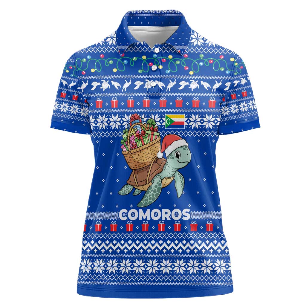 Comoros Christmas Women Polo Shirt Santa Turtle Gifts Snowflakes and Ocean Blue - African Pride