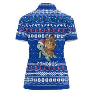 Comoros Christmas Women Polo Shirt Santa Turtle Gifts Snowflakes and Ocean Blue - African Pride
