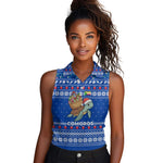 Comoros Christmas Women Sleeveless Polo Shirt Santa Turtle Gifts Snowflakes and Ocean Blue - African Pride