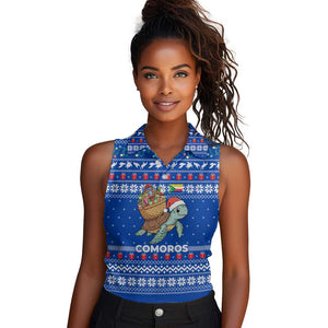 Comoros Christmas Women Sleeveless Polo Shirt Santa Turtle Gifts Snowflakes and Ocean Blue - African Pride