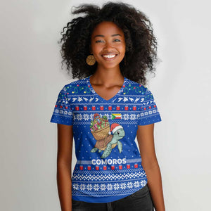 Comoros Christmas Women V-Neck T-Shirt Santa Turtle Gifts Snowflakes and Ocean Blue - African Pride