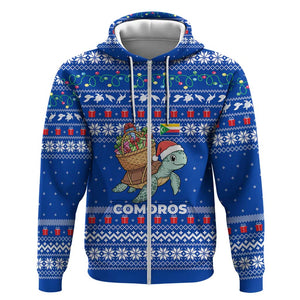 Comoros Christmas Zip Hoodie Santa Turtle Gifts Snowflakes and Ocean Blue - African Pride