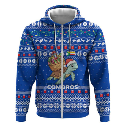 Comoros Christmas Zip Hoodie Santa Turtle Gifts Snowflakes and Ocean Blue - African Pride