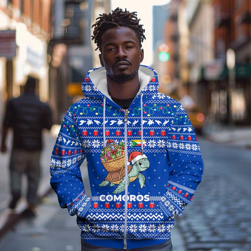 Comoros Christmas Zip Hoodie Santa Turtle Gifts Snowflakes and Ocean Blue - African Pride