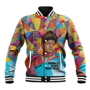 Ida B. Wells Baseball Jacket with Colorful Patchwork Pattern Design Confident Portrait Civil Rights and Journalism Tribute - African Pride