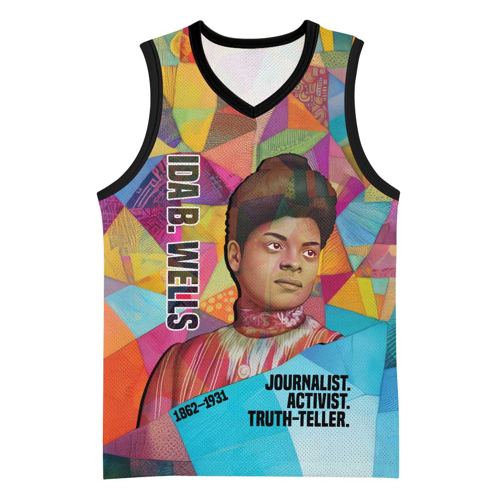 Ida B. Wells Basketball Jersey with Colorful Patchwork Pattern Design Confident Portrait Civil Rights and Journalism Tribute - African Pride