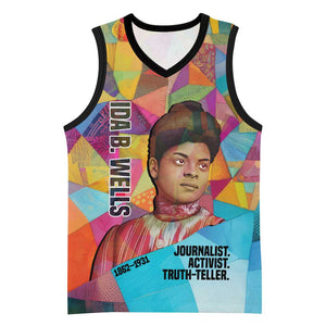 Ida B. Wells Basketball Jersey with Colorful Patchwork Pattern Design Confident Portrait Civil Rights and Journalism Tribute - African Pride