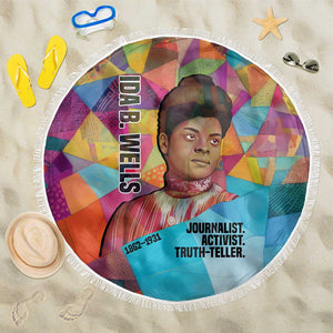 Ida B. Wells Beach Blanket with Colorful Patchwork Pattern Design Confident Portrait Civil Rights and Journalism Tribute - African Pride