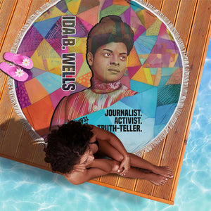 Ida B. Wells Beach Blanket with Colorful Patchwork Pattern Design Confident Portrait Civil Rights and Journalism Tribute - African Pride