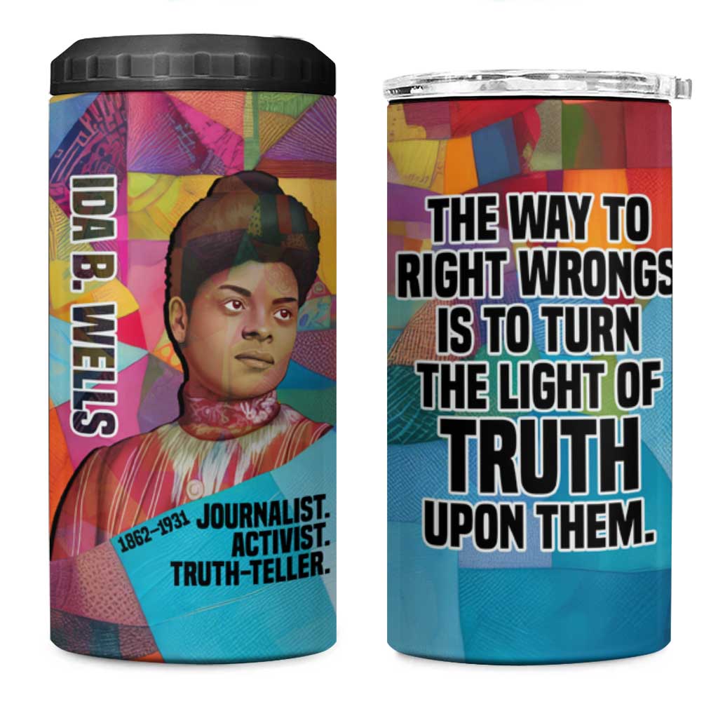 Ida B. Wells 4 in 1 Can Cooler Tumbler with Colorful Patchwork Pattern Design Confident Portrait Civil Rights and Journalism Tribute - African Pride