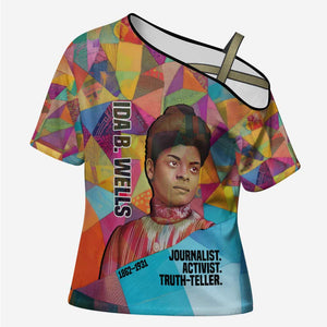 Ida B. Wells Cross Shoulder Shirt with Colorful Patchwork Pattern Design Confident Portrait Civil Rights and Journalism Tribute - African Pride