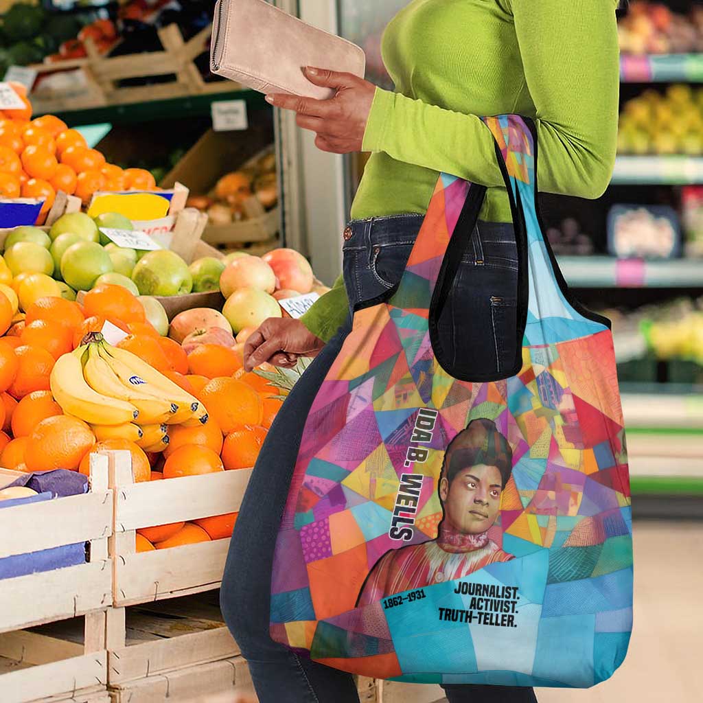Ida B. Wells Grocery Bag with Colorful Patchwork Pattern Design Confident Portrait Civil Rights and Journalism Tribute - African Pride