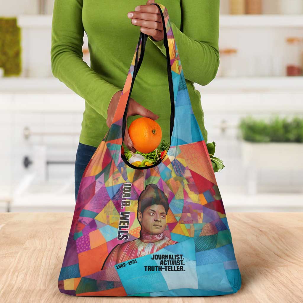 Ida B. Wells Grocery Bag with Colorful Patchwork Pattern Design Confident Portrait Civil Rights and Journalism Tribute - African Pride