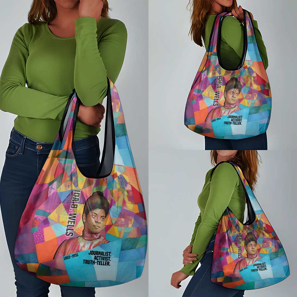Ida B. Wells Grocery Bag with Colorful Patchwork Pattern Design Confident Portrait Civil Rights and Journalism Tribute - African Pride