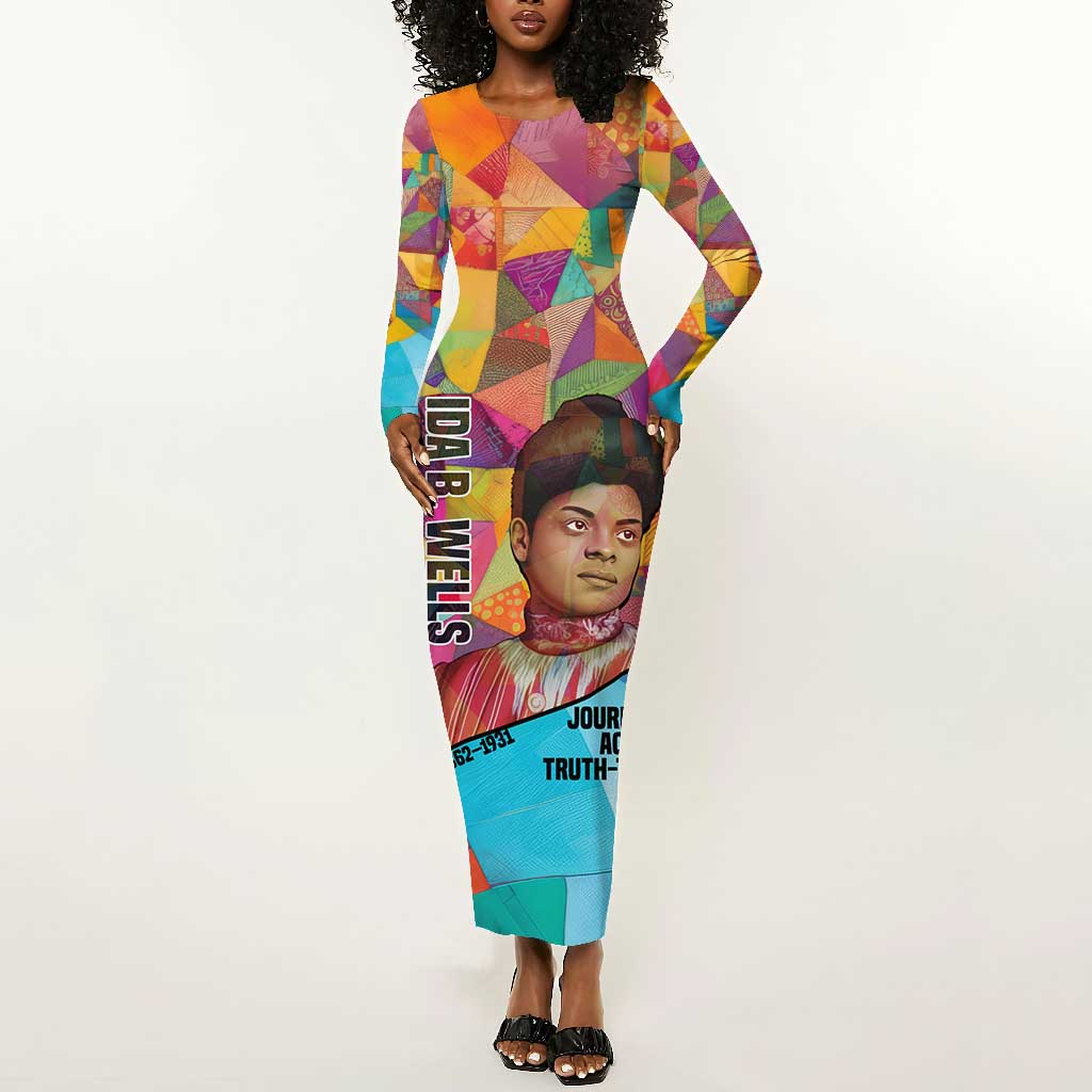 Ida B. Wells Long Sleeve Bodycon Dress with Colorful Patchwork Pattern Design Confident Portrait Civil Rights and Journalism Tribute - African Pride