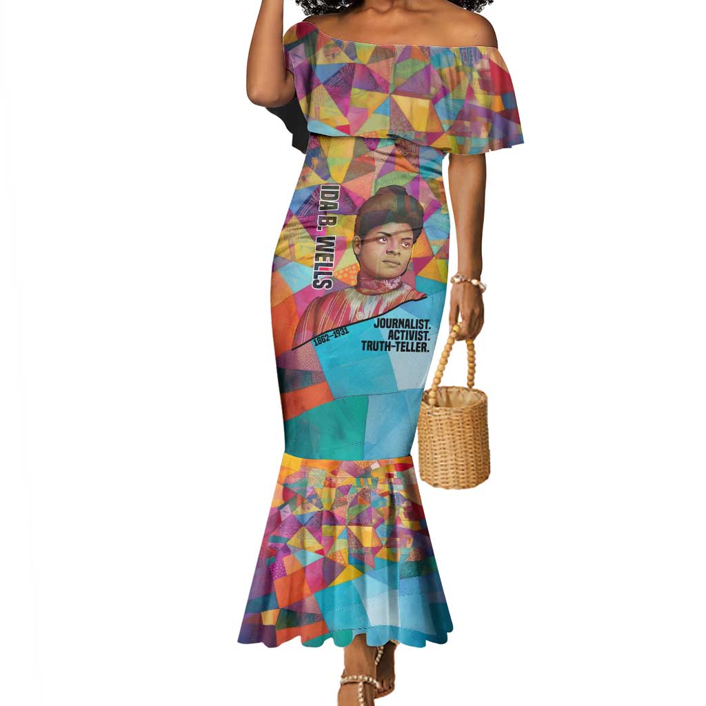 Ida B. Wells Mermaid Dress with Colorful Patchwork Pattern Design Confident Portrait Civil Rights and Journalism Tribute - African Pride