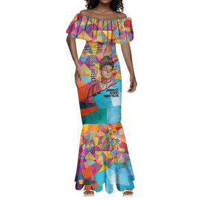 Ida B. Wells Mermaid Dress with Colorful Patchwork Pattern Design Confident Portrait Civil Rights and Journalism Tribute - African Pride