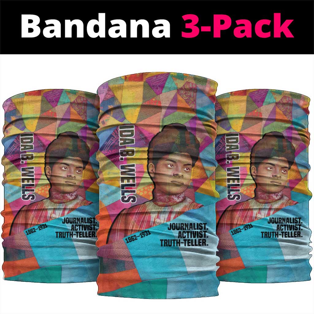 Ida B. Wells Neck Gaiter with Colorful Patchwork Pattern Design Confident Portrait Civil Rights and Journalism Tribute - African Pride