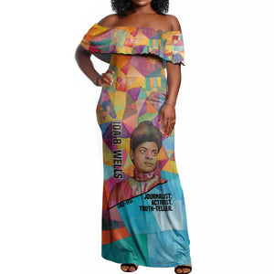 Ida B. Wells Off Shoulder Maxi Dress with Colorful Patchwork Pattern Design Confident Portrait Civil Rights and Journalism Tribute - African Pride