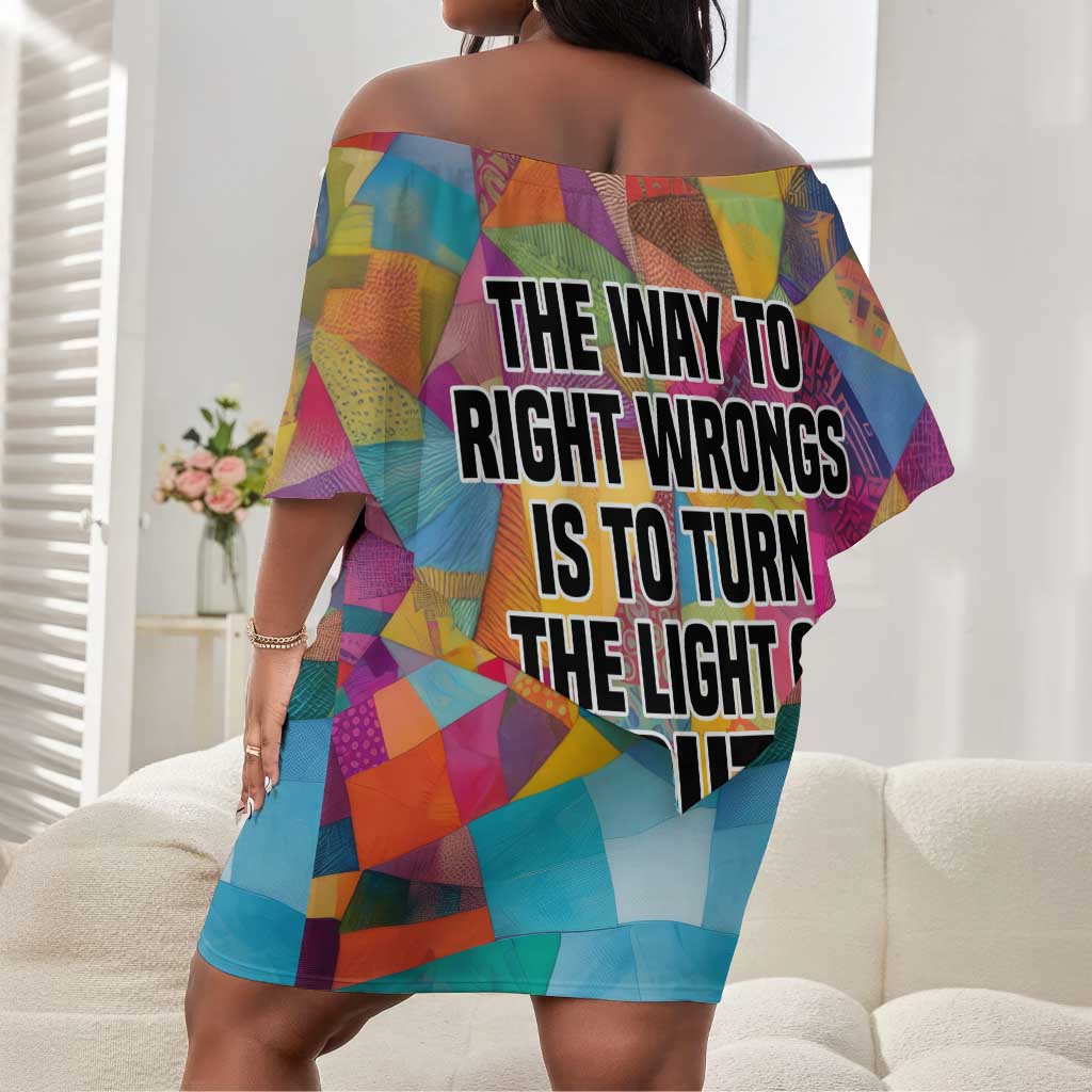 Ida B. Wells Off Shoulder Short Dress with Colorful Patchwork Pattern Design Confident Portrait Civil Rights and Journalism Tribute - African Pride