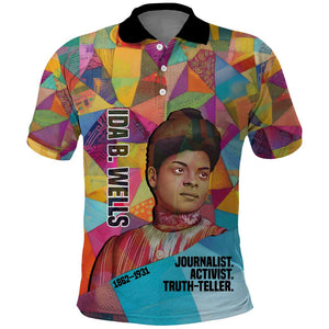 Ida B. Wells Polo Shirt with Colorful Patchwork Pattern Design Confident Portrait Civil Rights and Journalism Tribute - African Pride