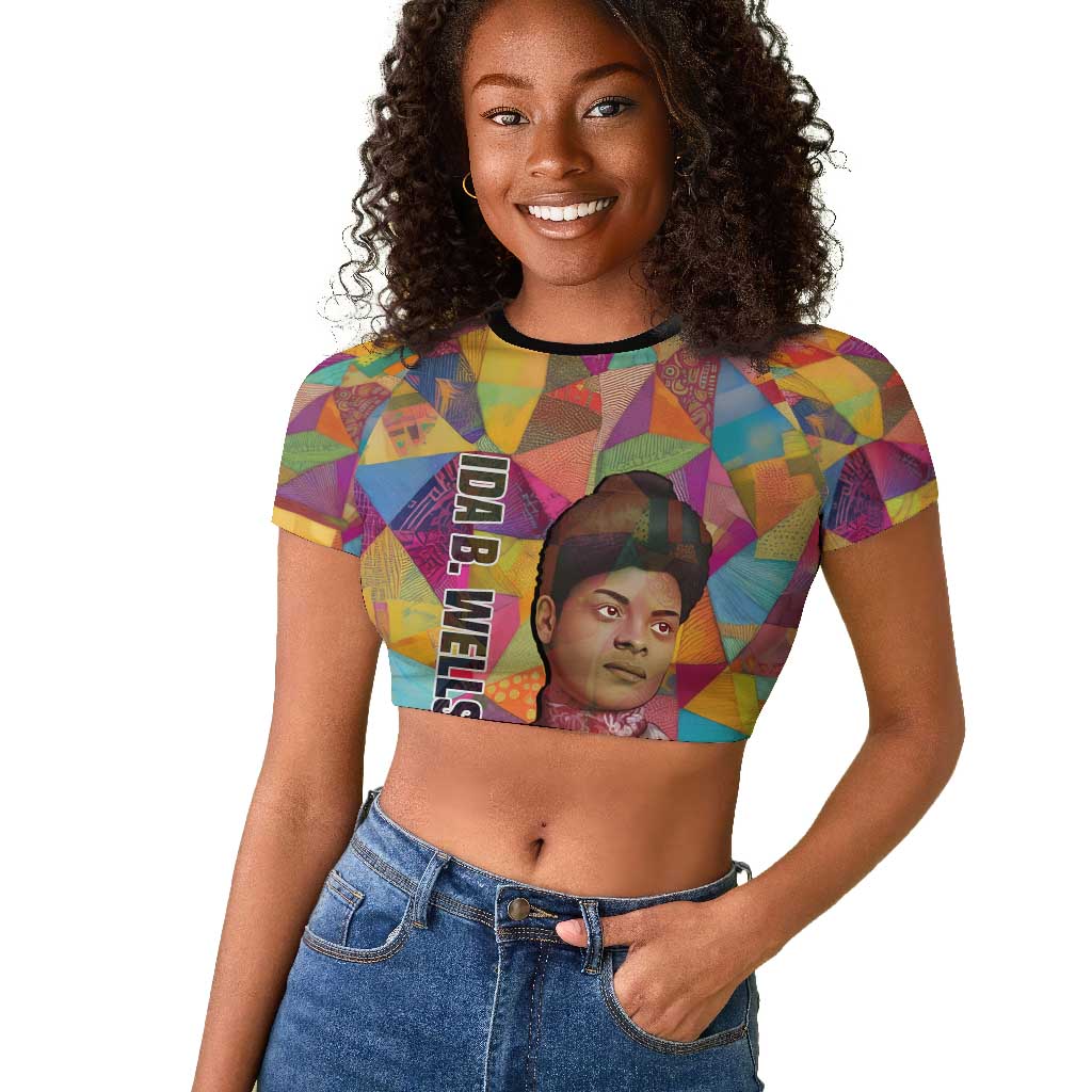 Ida B. Wells Raglan Cropped T shirt with Colorful Patchwork Pattern Design Confident Portrait Civil Rights and Journalism Tribute - African Pride