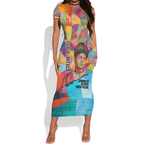 Ida B. Wells Short Sleeve Bodycon Dress with Colorful Patchwork Pattern Design Confident Portrait Civil Rights and Journalism Tribute - African Pride