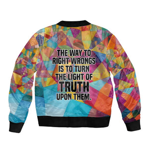 Ida B. Wells Sleeve Zip Bomber Jacket with Colorful Patchwork Pattern Design Confident Portrait Civil Rights and Journalism Tribute - African Pride