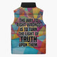 Ida B. Wells Sleeveless Puffer Jacket with Colorful Patchwork Pattern Design Confident Portrait Civil Rights and Journalism Tribute - African Pride