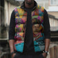 Ida B. Wells Sleeveless Puffer Jacket with Colorful Patchwork Pattern Design Confident Portrait Civil Rights and Journalism Tribute - African Pride