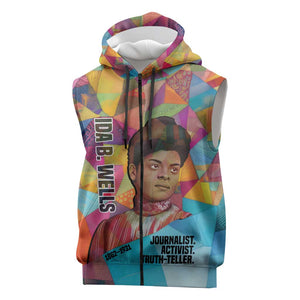 Ida B. Wells Sleeveless Zip Hoodie with Colorful Patchwork Pattern Design Confident Portrait Civil Rights and Journalism Tribute - African Pride