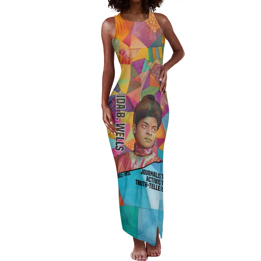 Ida B. Wells Tank Maxi Dress with Colorful Patchwork Pattern Design Confident Portrait Civil Rights and Journalism Tribute - African Pride