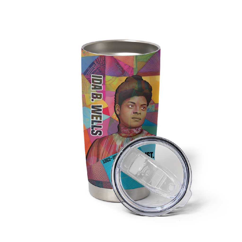 Ida B. Wells Tumbler Cup with Colorful Patchwork Pattern Design Confident Portrait Civil Rights and Journalism Tribute - African Pride