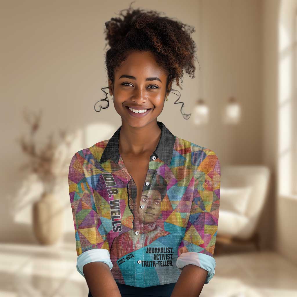 Ida B. Wells Women Casual Shirt with Colorful Patchwork Pattern Design Confident Portrait Civil Rights and Journalism Tribute - African Pride