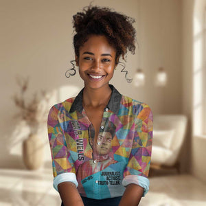 Ida B. Wells Women Casual Shirt with Colorful Patchwork Pattern Design Confident Portrait Civil Rights and Journalism Tribute - African Pride