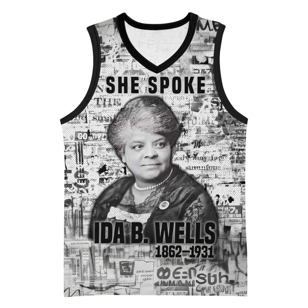 Ida B. Wells Basketball Jersey with Newspaper Collage Design Powerful Portrait Civil Rights and Free Press Tribute - African Pride